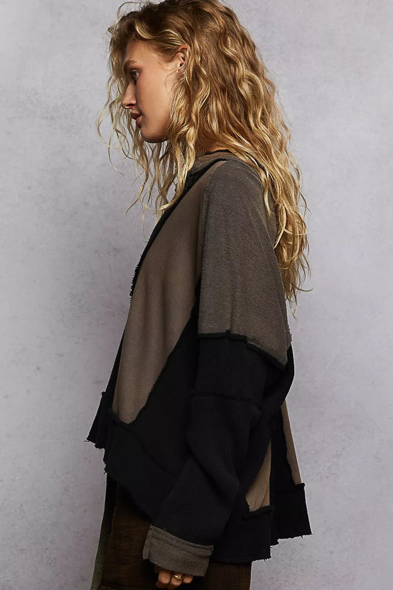 POL Color Block Waffle Knit Raw Hem Sweatshirt 5b3590a9-9912-48ea-9121-7d71c4bab777-Max-Origin