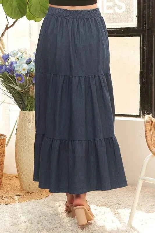 ADORA Waist Band Tiered Denim Maxi Skirt 5b5000cce50f471eb09b6bb397a2694a-Max-Origin