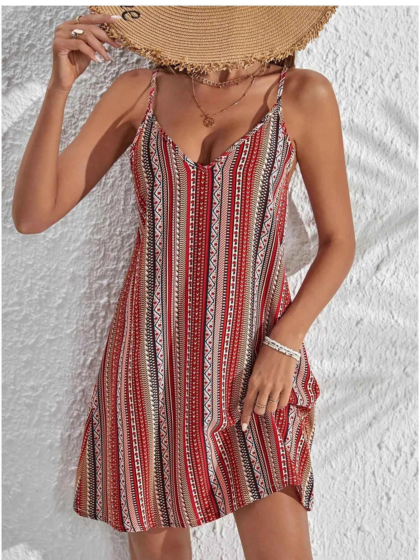 Striped V-Neck Cami Dress Red 5b594ea036254544a54f3356ee5dc876-Max-Origin