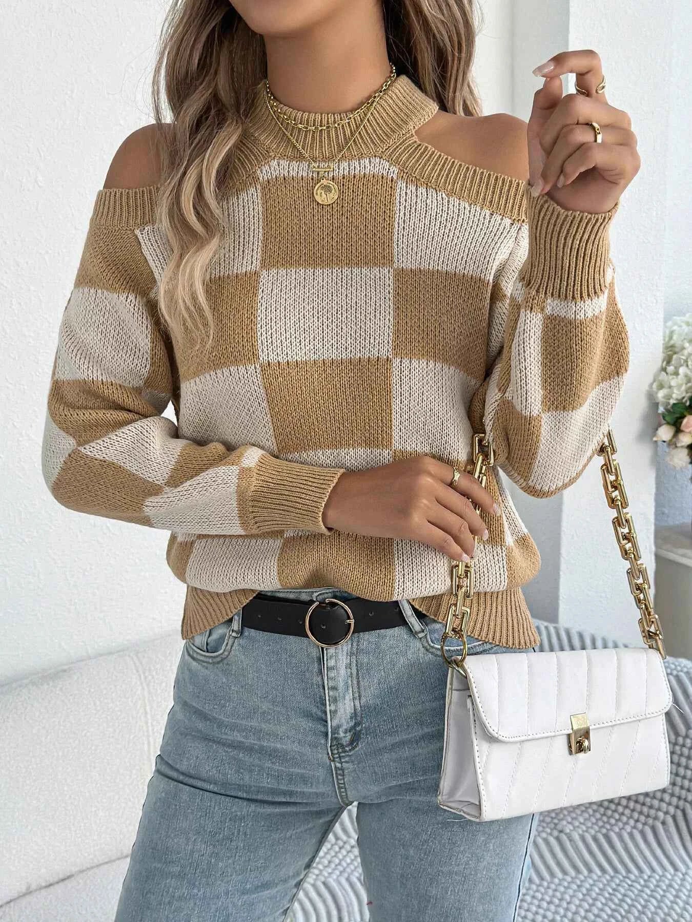 Cold Shoulder Checkered Long Sleeve Sweater 5b60d5e67ed8499e81d5810ae85d78e8-Max-Origin