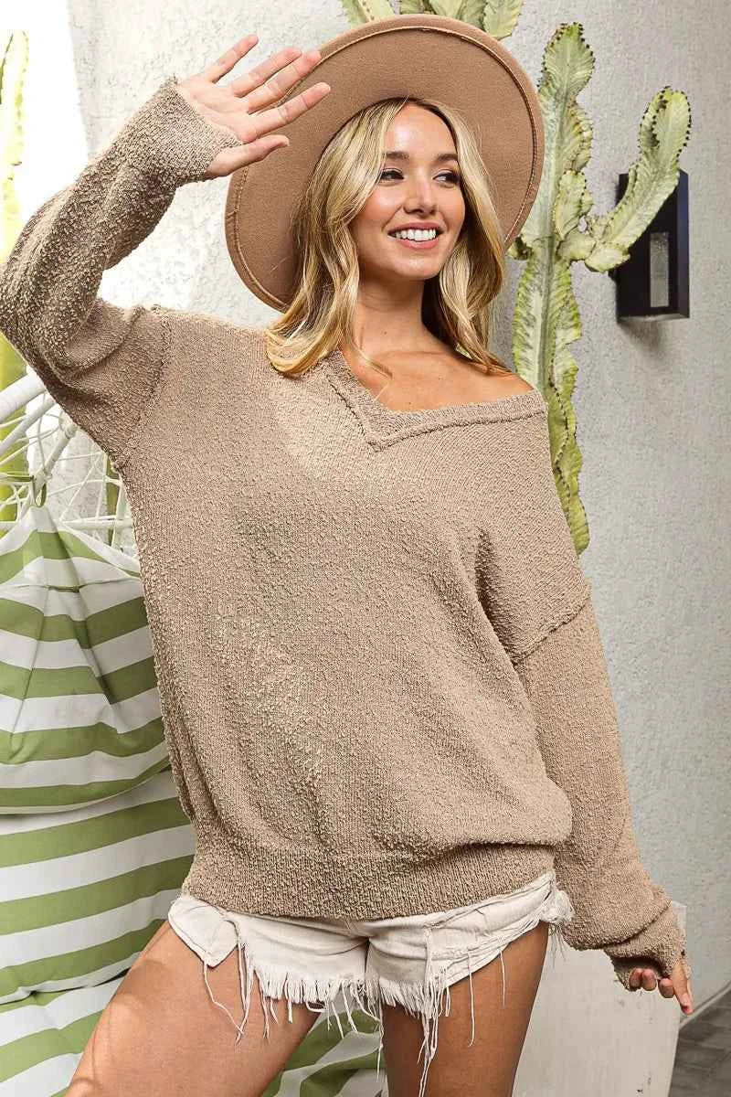 BiBi Raw Edged Popcorn Texture V-neck Sweater 5b6ee94bfe3248618088551bd8bec70d-Max-Origin
