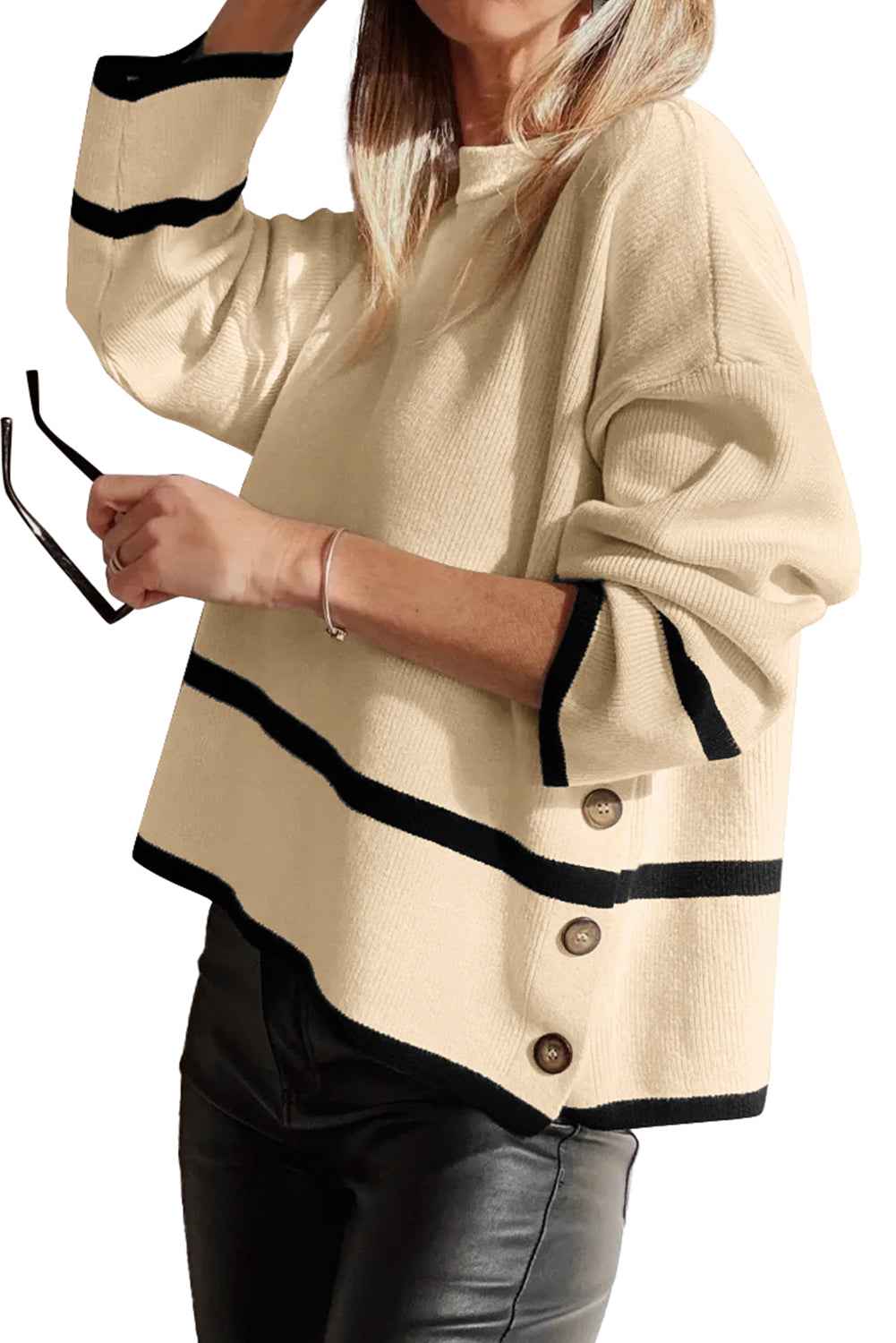 Beige Ribbed Knit Contrasted Stripe Detail Button Side Loose Sweater 5b8f9be7406a2f3b