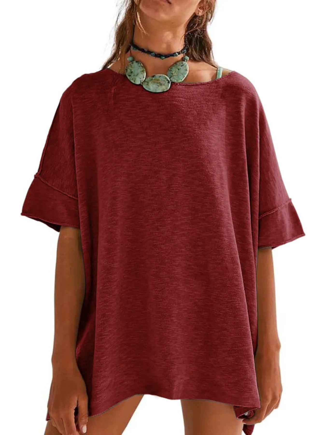 Oversized Round Neck Drop-Shoulder T-Shirt Burgundy 5ba61a6e42dc4322922f8439407bd47f-Max-Origin