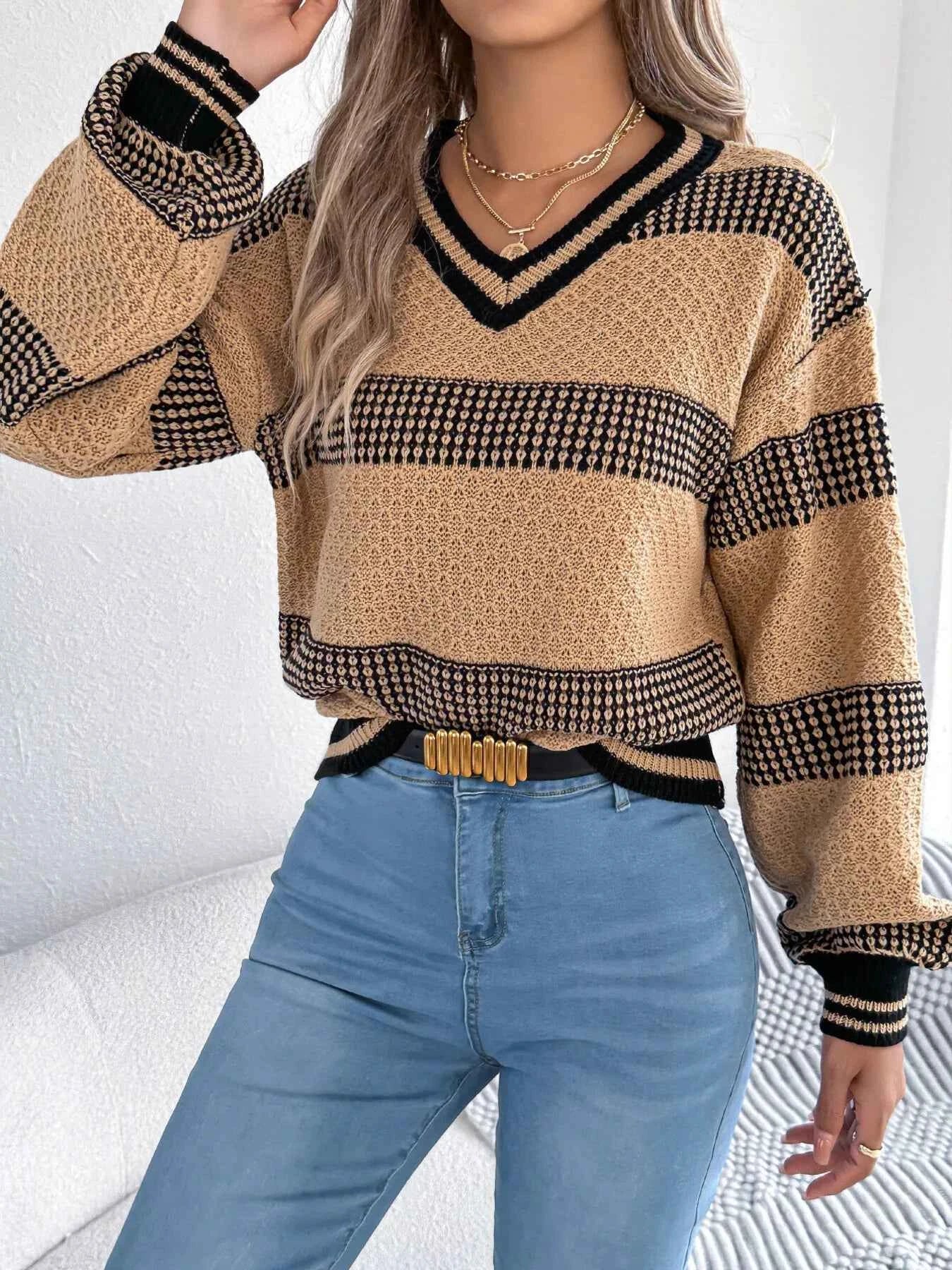 Contrast Striped V-Neck Sweater 5bb0d5c1734043fdb0c44d47cffca55c-Max-Origin