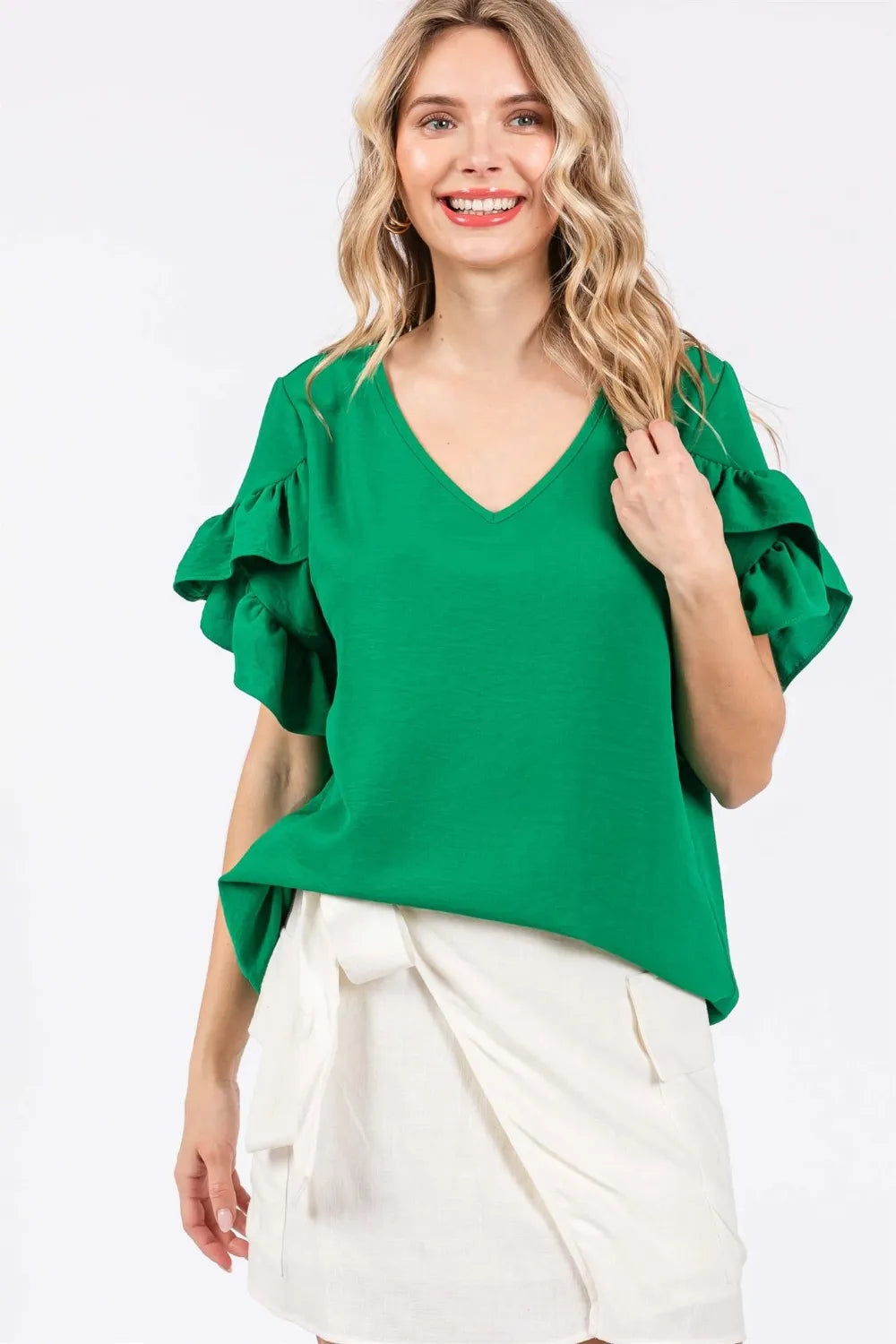 GeeGee Ruffled Short Sleeve V-Neck Blouse KELLY GREEN 5bb7e3b2-14e6-45a2-a05f-6edc0a80105d-Max