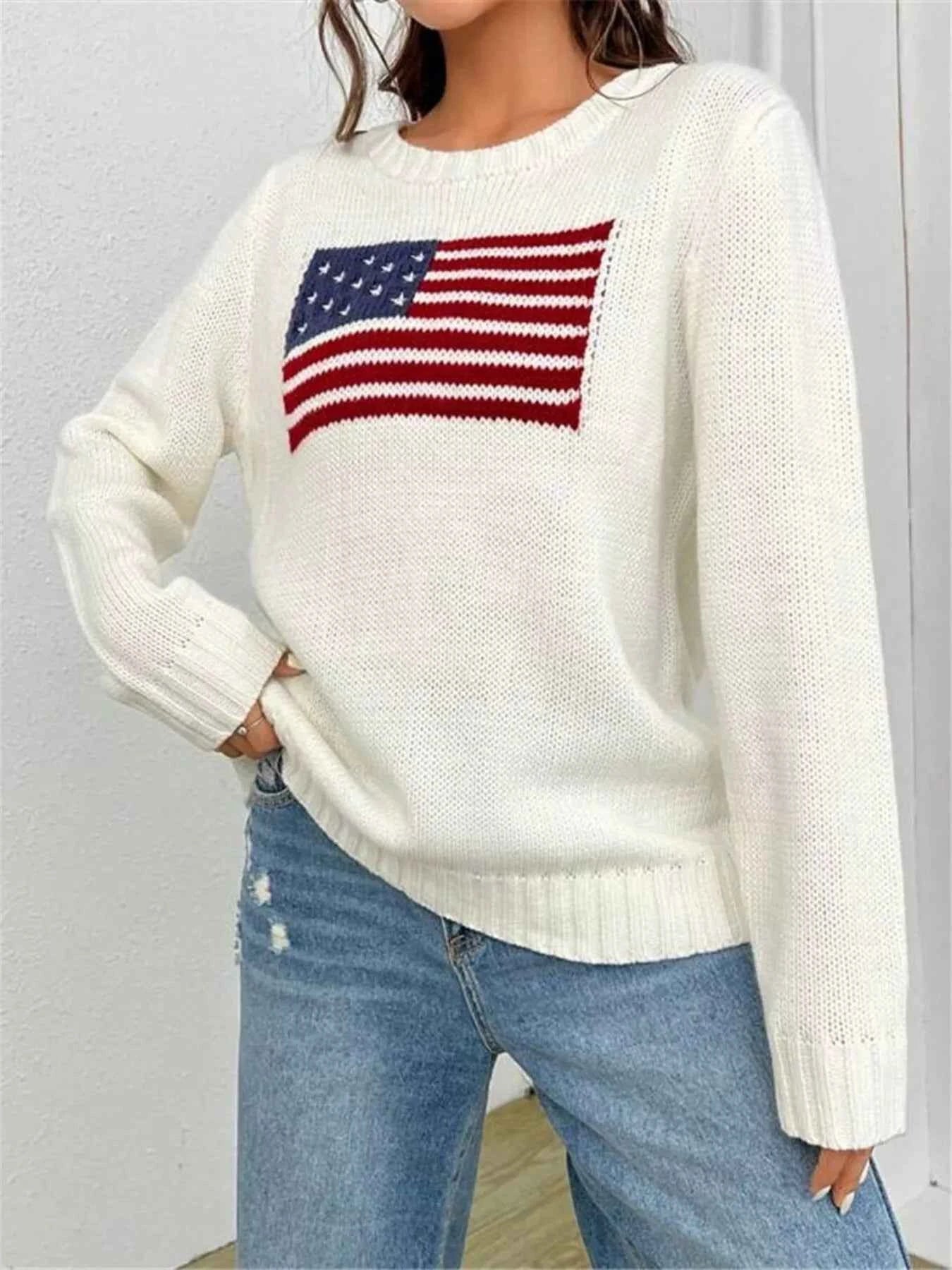 US Flag Round Neck Long Sleeve Sweater 5bbee84a31d84104ab9b62fbbb816e76-Max-Origin