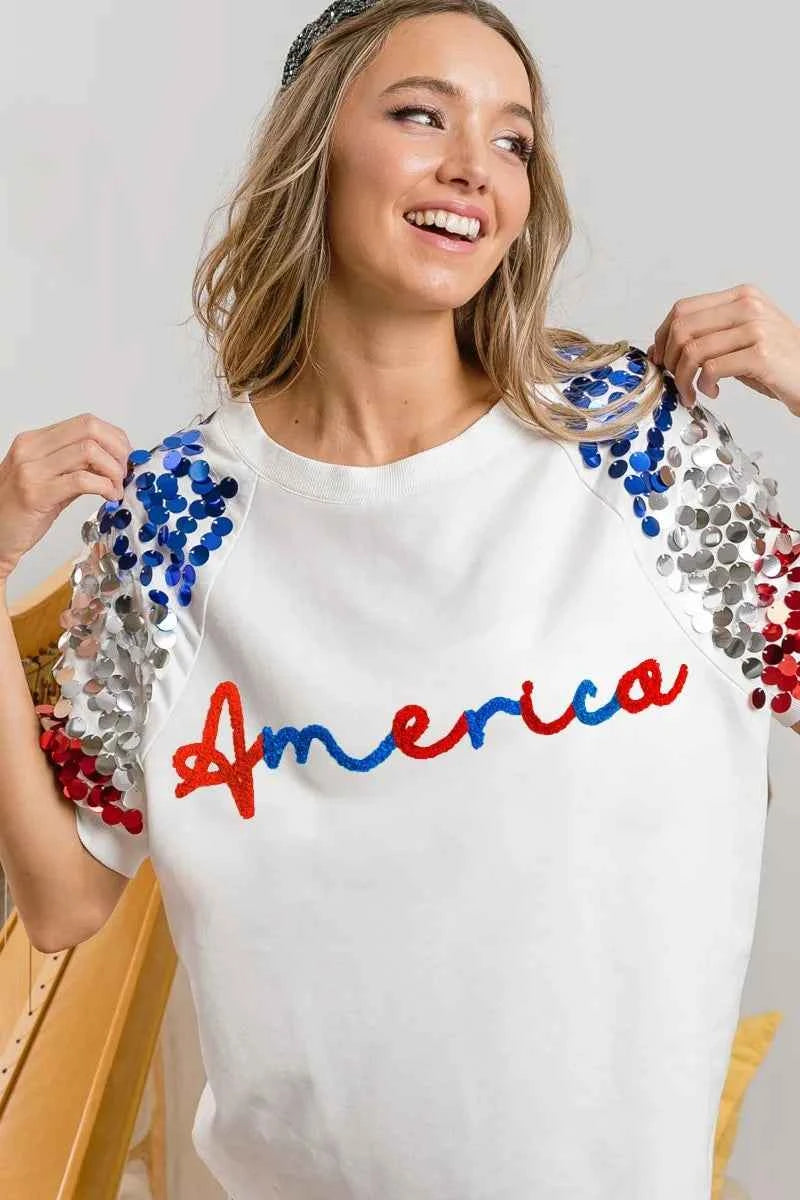 BiBi America Letter Applique Spangle Puff Sleeves Top 5bc3d68270af41e2b9a8e9bcde6b61dd-Max-Origin
