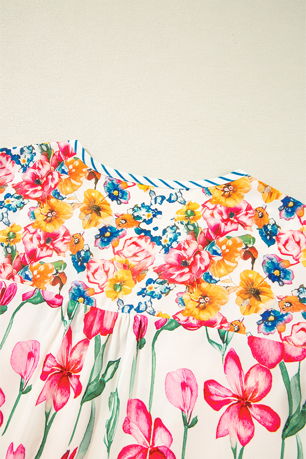 Pink Plus Size Floral Print Striped Trim V Neck Blouse 5bd60ba3f894ae14