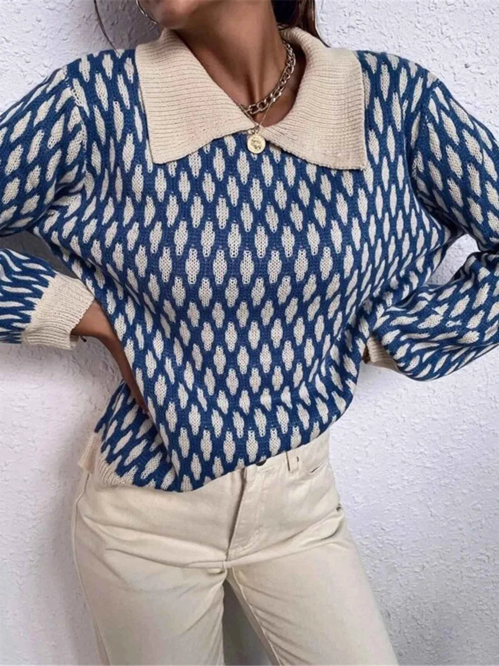 Diamond Pattern Peter Pan Collar Sweater Dusty Blue 5c174fbe5b914c90bc8cbc8d7b9ef9a3-Max-Origin