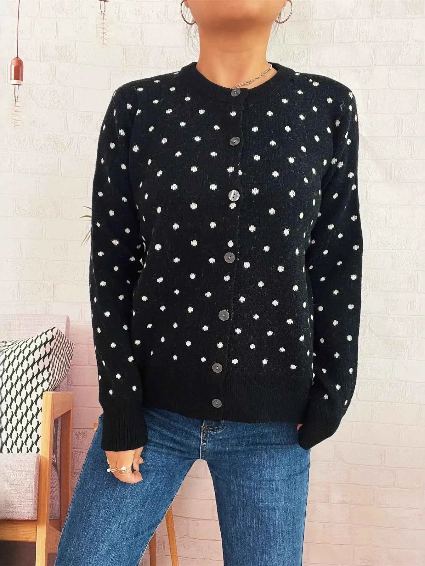 Polka Dot Button-Up Cardigan Black One Size 5c21ceb0e64546aca380706811e7165f-Max-Origin
