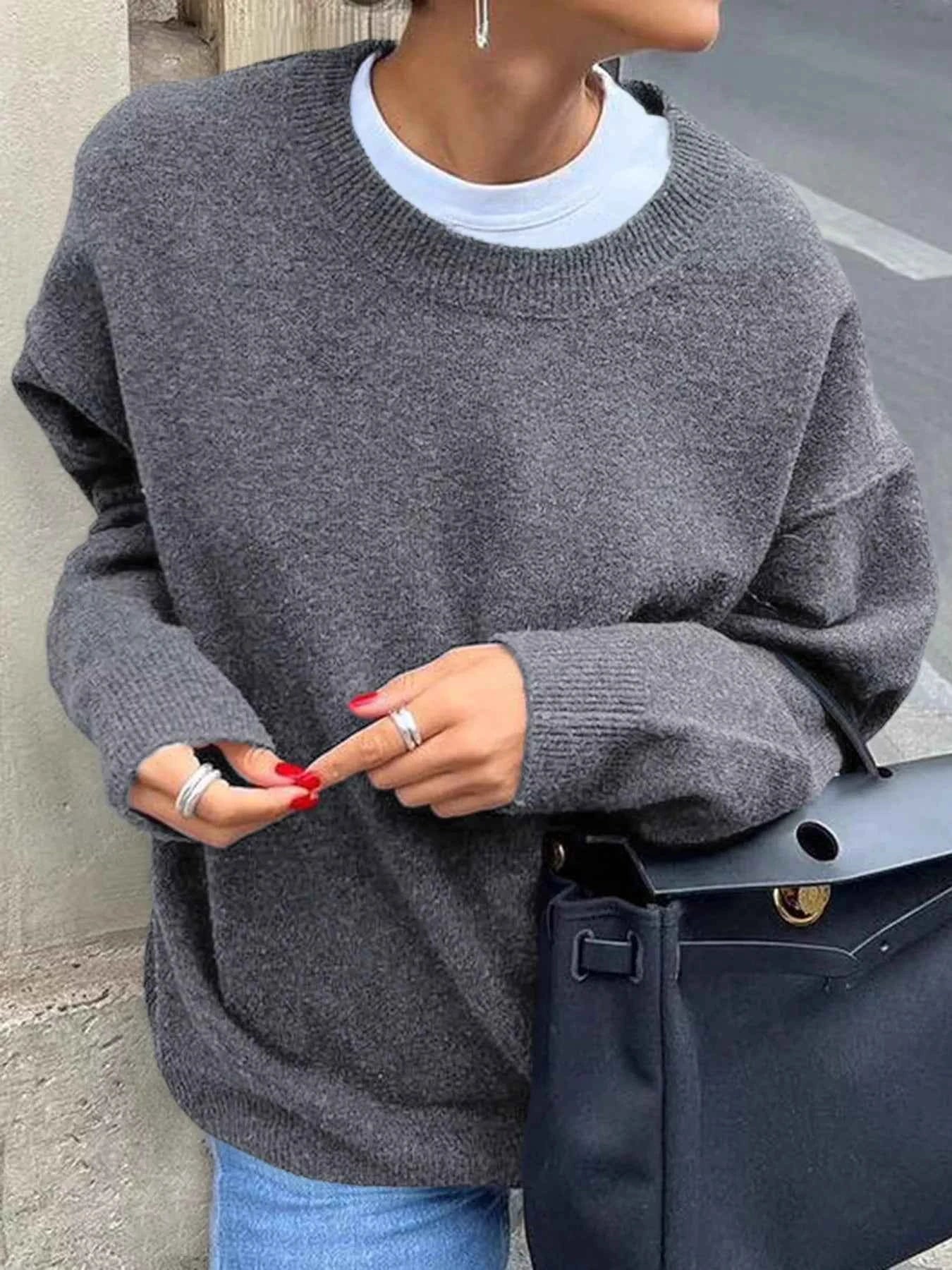 Ribbed Round Neck Dropped Shoulder Sweater Gray 5c23b405e4114f118e2ea4dc91b088c1-Max-Origin