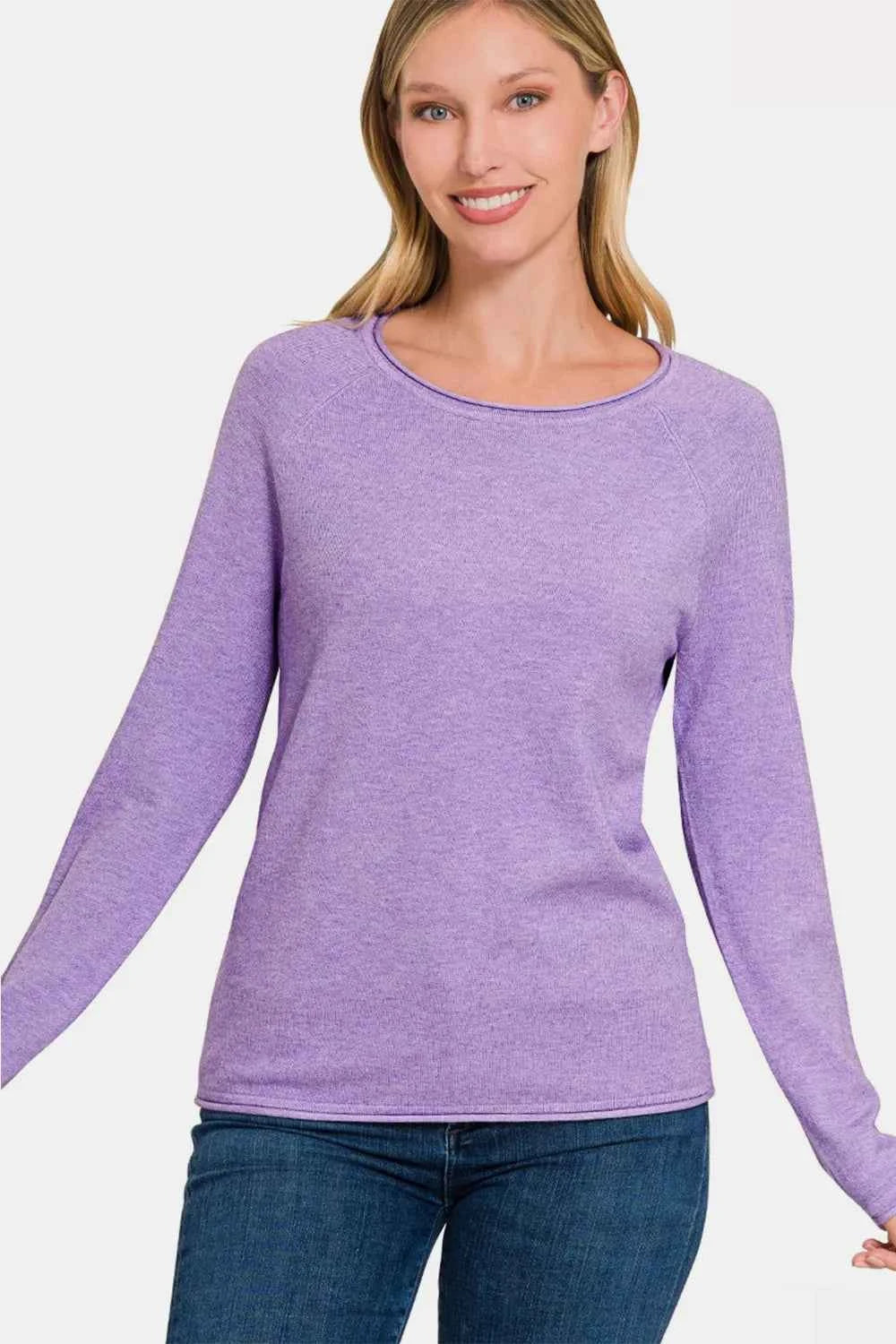 Zenana Rolled Round Neck Long Sleeve Sweater HLAVENDER 5c2b356e-3ed2-4217-91be-40276798f8d5-Max