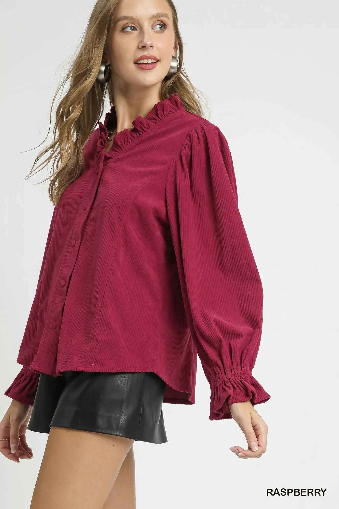 Umgee Corduroy Ruffle Shirt with Long Puff Sleeves 5c32cd72-cabe-4174-a307-20f72f569baa-Max-Origin