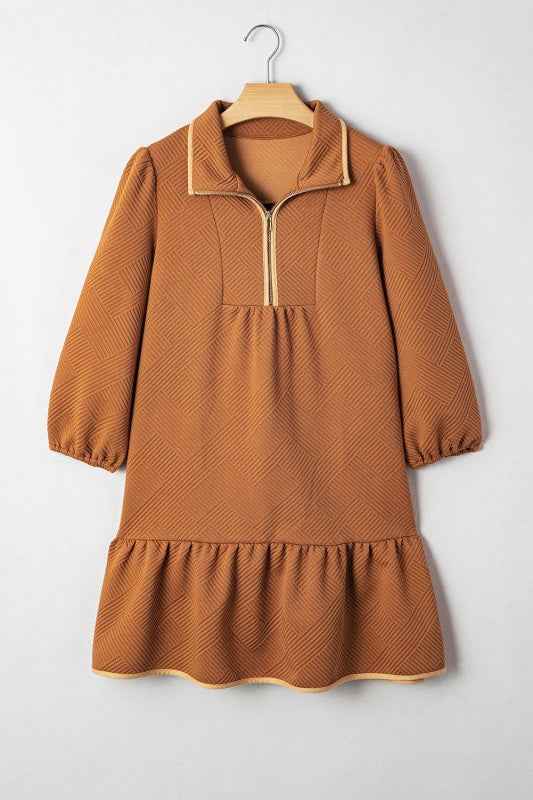 Textured Quarter Zip Collar 3/4 Sleeve Mini Dress 5c34564c-1279-4524-806c-7fd45300b9b7