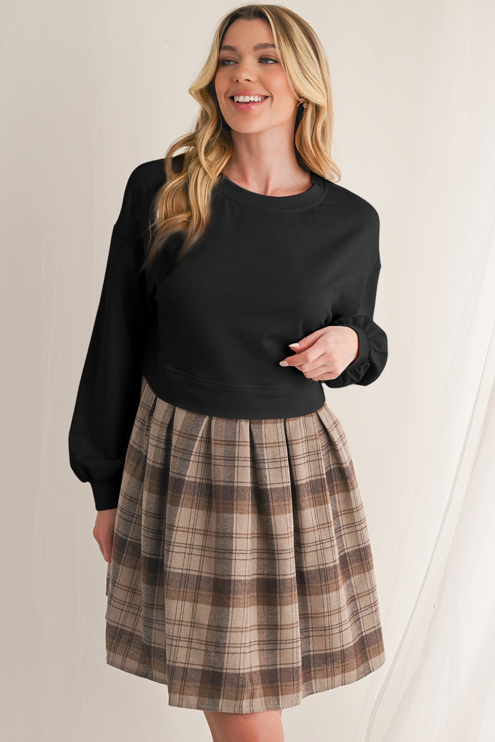 Black Plaid Patchwork High Waist Sweatshirt Mini Dress 5c3ec8beec65336f