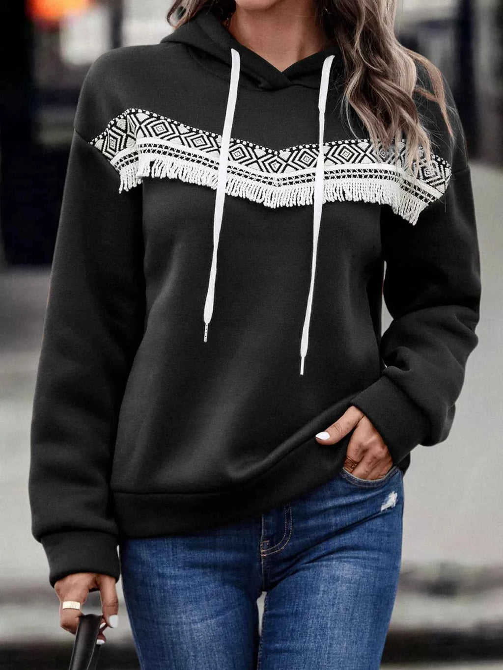 Fringe Detail Long Sleeve Drawstring Hoodie 5c4240eb-7915-4f85-a2a2-1b93fb47174e-Max-Origin