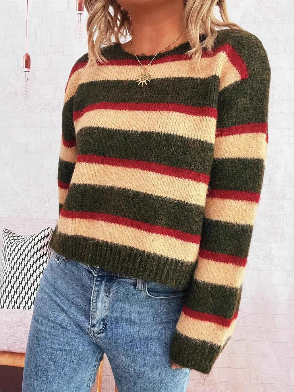 Striped Round Neck Long Sleeve Sweater 5c488f51b888424aa2c3c26772fd086b-Max-Origin