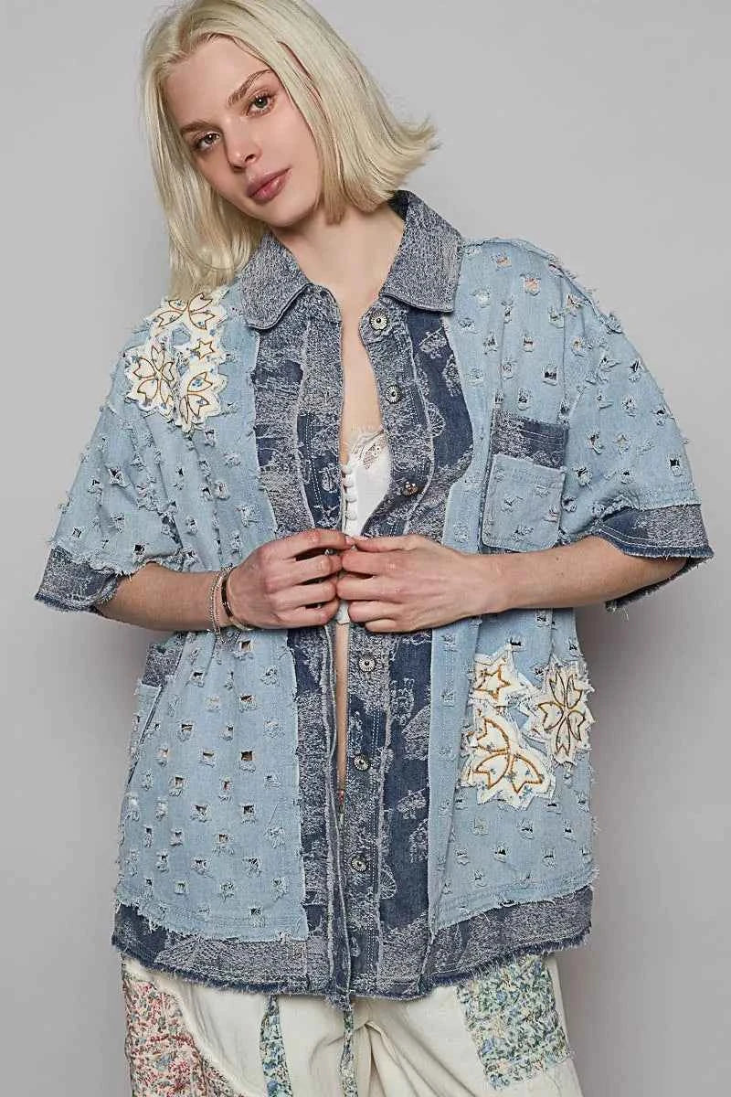 POL Distressed Button Up Half Sleeve Denim Shirt Light Blue 5c7c093d-8c11-40a0-9629-92b21c603bf9-Max-Origin