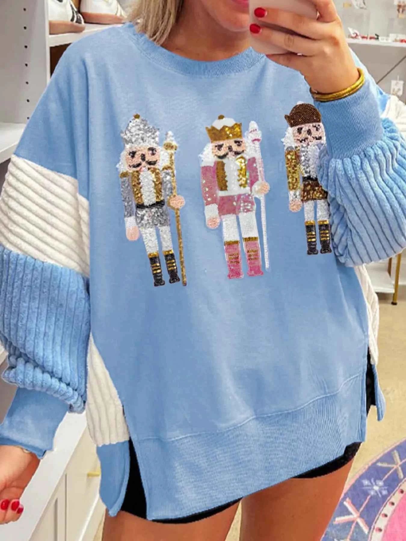 Christmas Sequin Nutcracker Textured Sleeve Patchwork Color Block Sweatshirt 5c85e04e-e06d-4833-980b-1bf5e3b7aea8-Max-Origin