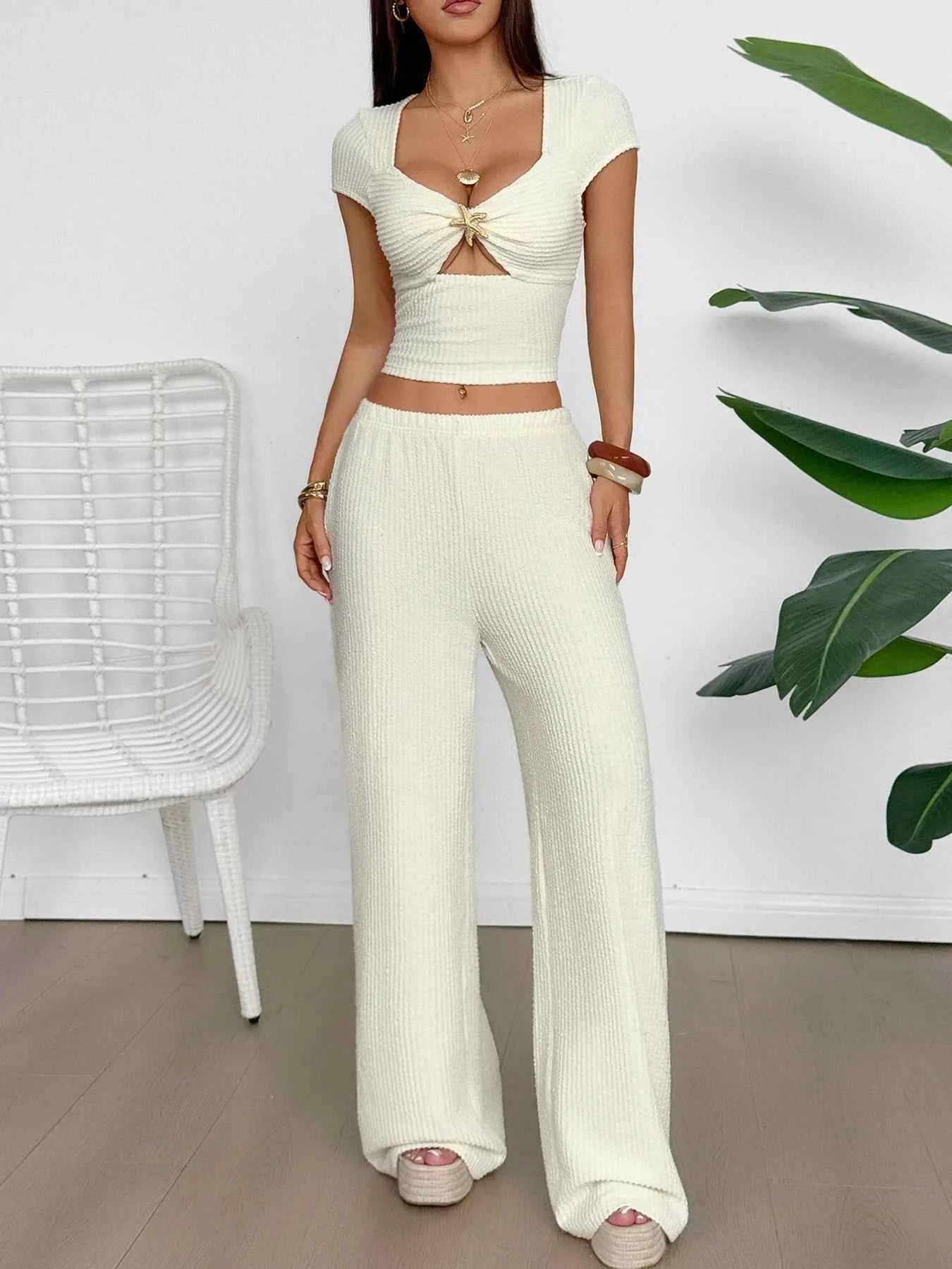 Cutout Short Sleeve Top and Pants Set Apricot 5ca6e5a73ba94c12a36470903455bc74-Max-Origin