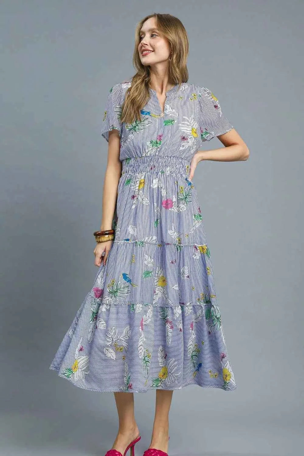 Umgee Smocked Waist Floral Short Sleeve Midi Dress Light Blue 5cc62b6a-16ad-4ed8-87f9-fb133e7db743-Max-Origin