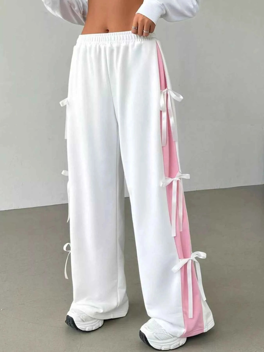 Side Tie Contrast Wide Leg Pants White 5cddae8b-1038-4e02-9f80-bf54fa7b4594-Max-Origin