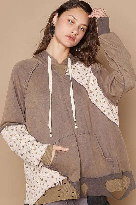 POL Floral Patchwork Distressed Drawstring Hoodie Mocha 5ce7cf87-7aa9-4a69-a6d1-df6db62eb7eb-Max