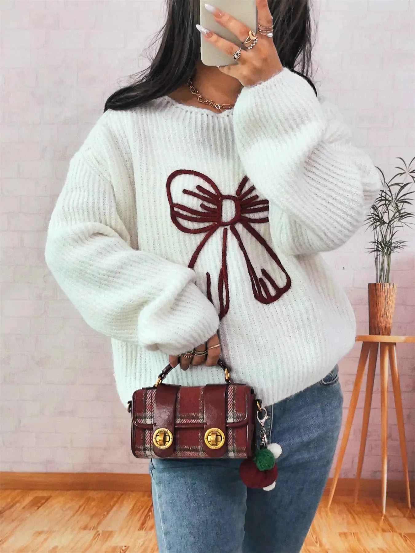 Bow Round Neck Long Sleeve Sweater 5cedc97dec25480c816371309b51896c-Max-Origin
