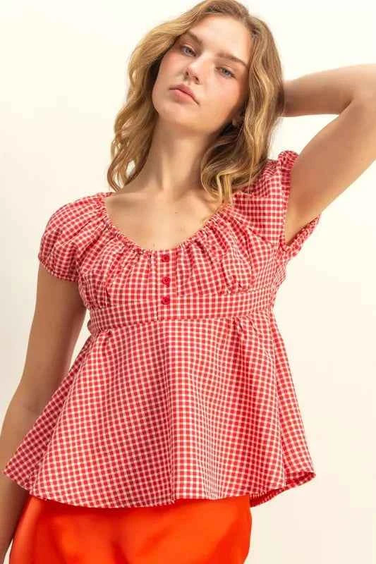 HYFVE Gingham Scoop Neck Cap Sleeve Blouse RED 5cf3003d4cba4ca980413f697c39f1c6-Max-Origin