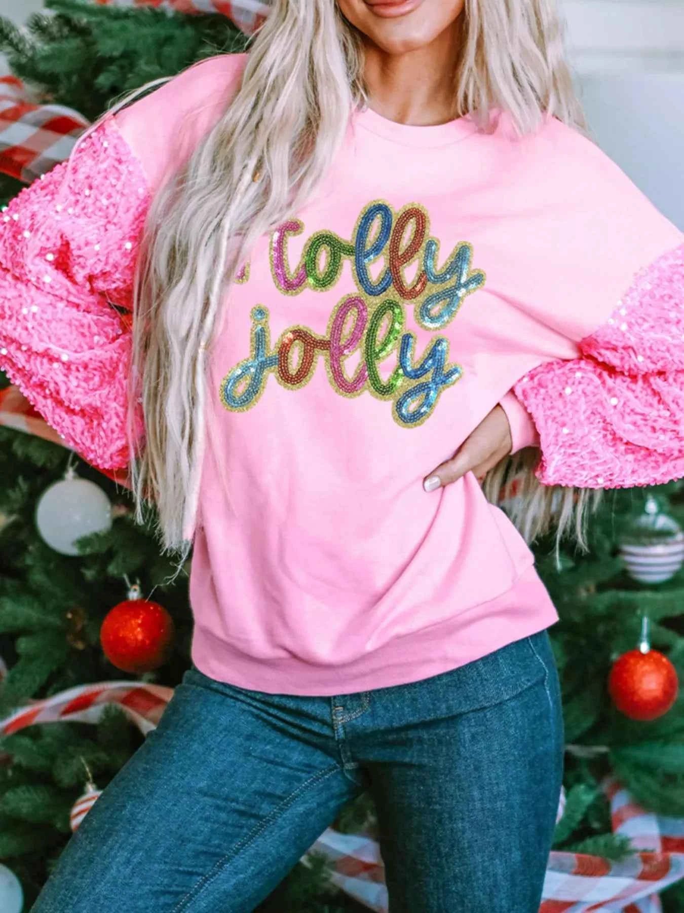 Holly Jolly Sequin Letter Drop Shoulder Long Sleeve Top Pink 5d144e41-3f6c-47fb-963d-9b3d25ce185e-Max-Origin
