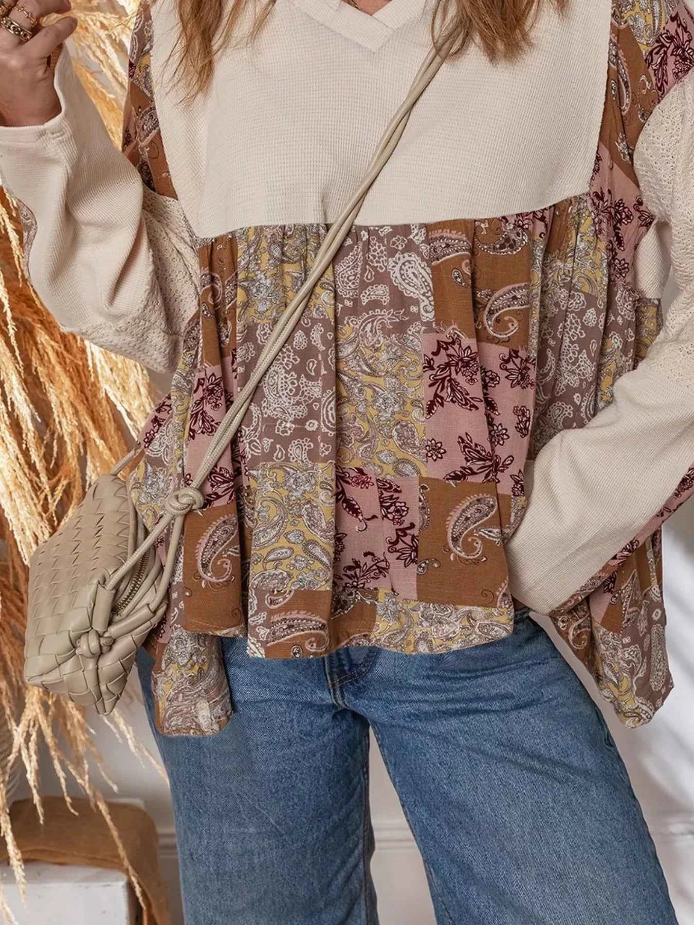 Paisley Ethnic Print Contrast Patchwork Long Sleeve Loose Top Beige 5d488cff-d6e8-4ca0-ad69-4313dc3d8b80-Max-Origin
