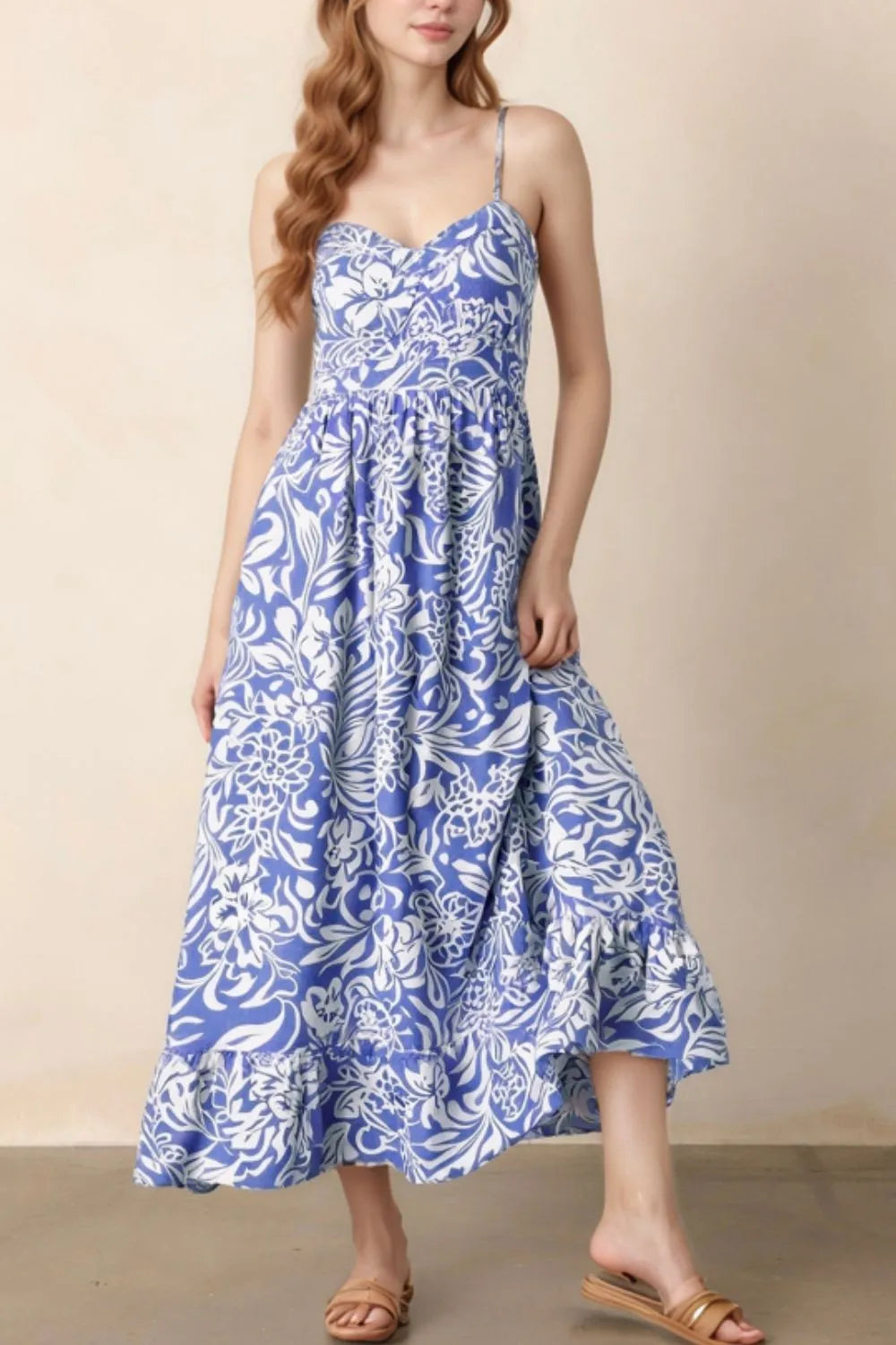 Floral Print Spaghetti Strap High Waist Dress Dusty Blue 5d573c5f-9165-4575-b22d-1d3b79fa8b4d-Max-Origin