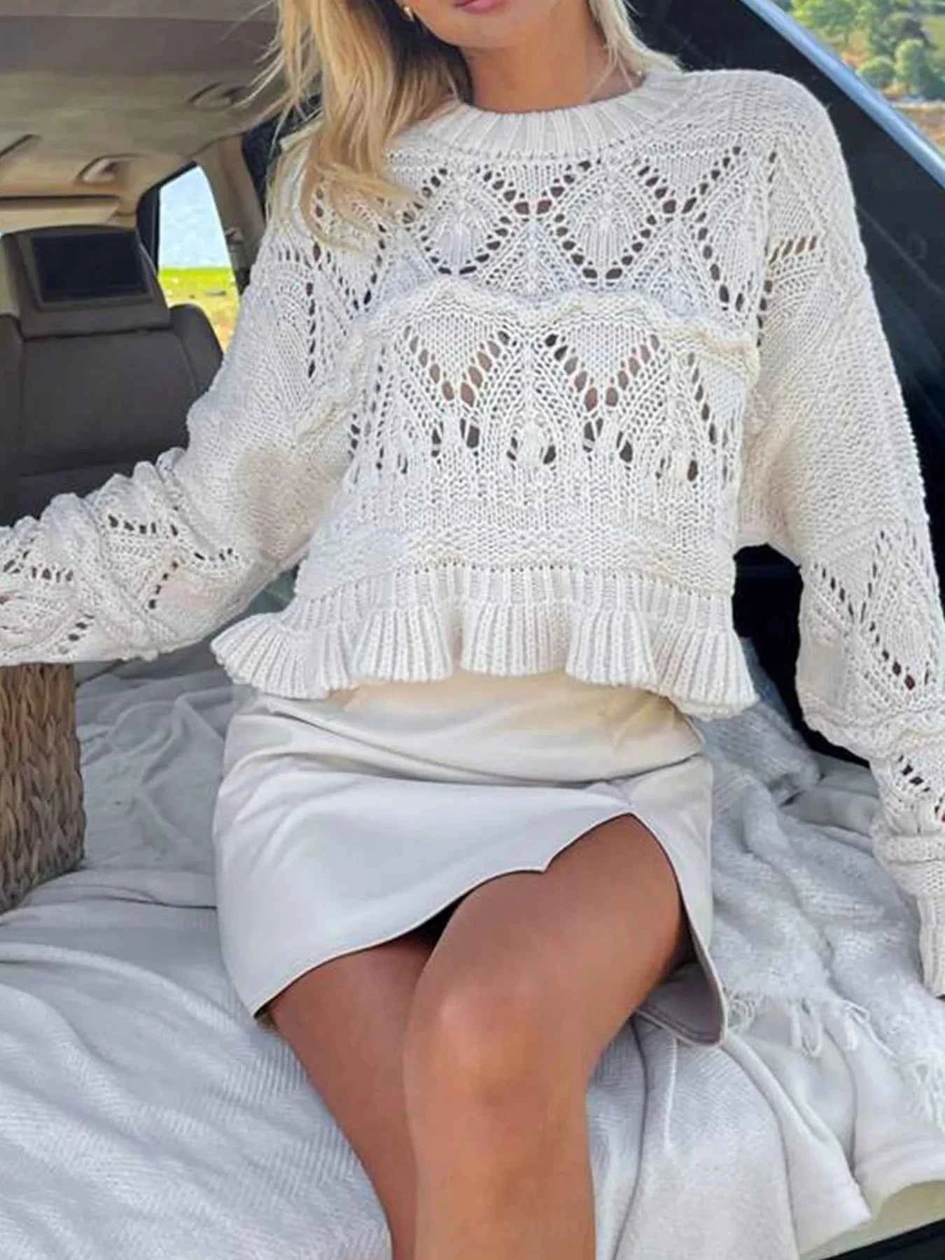 Crochet Ruffled Hem Long Sleeve Sweater 5d5b7e088fc0407e9f566962feefee72-Max-Origin