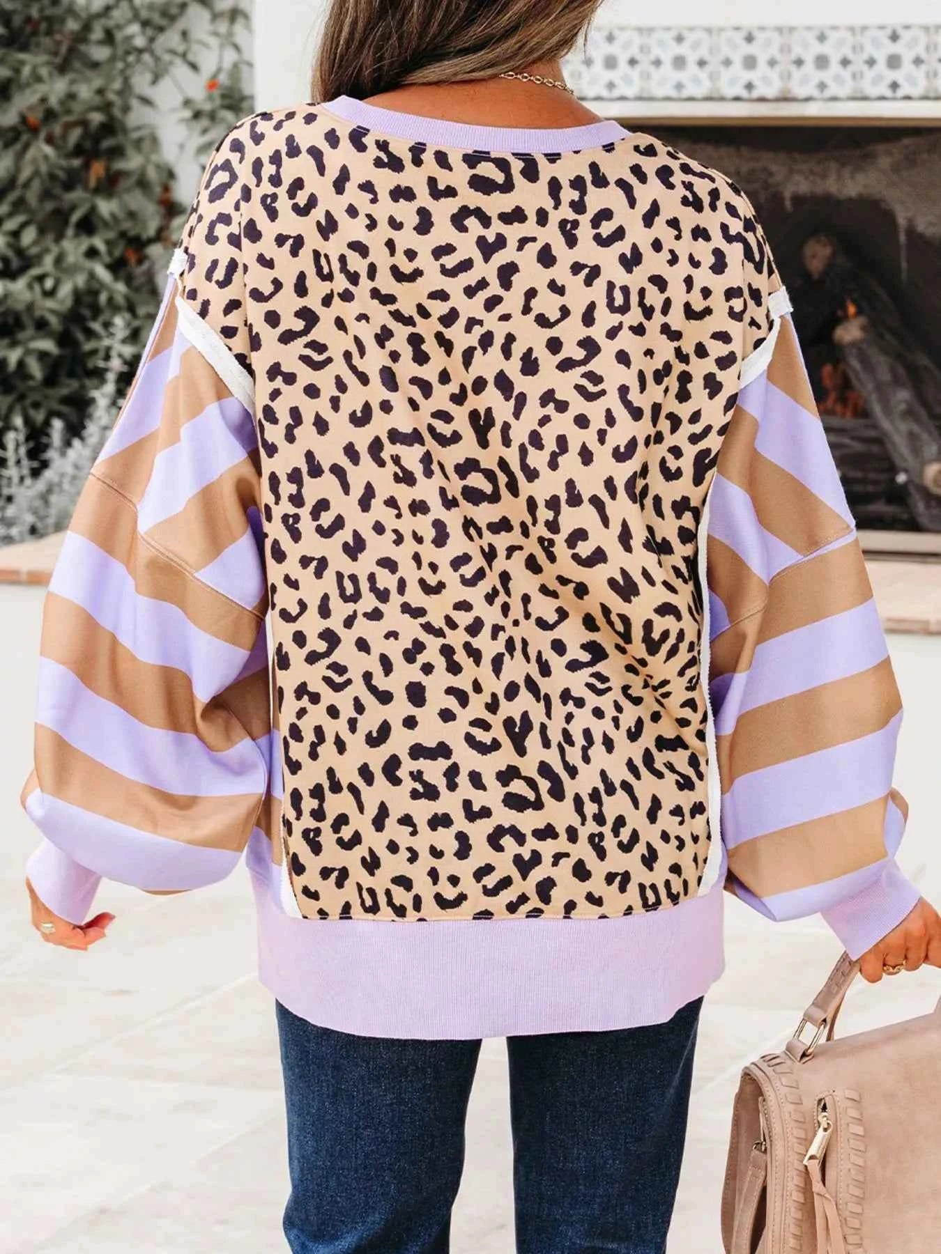 Stripe Color Block Patchwork Leopard Casual Sweatshirt with Slits 5d6312ca-d643-42f5-9bdb-fcd310df23c9-Max-Origin