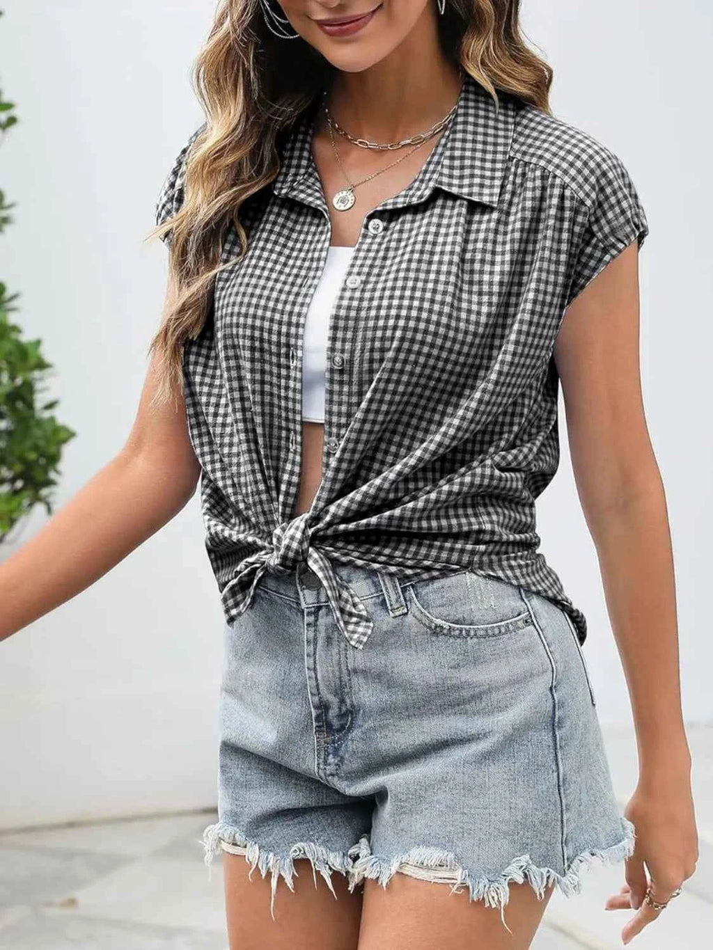 Plaid Button Up Cap Sleeve Shirt 5d67ad22-cf8b-42d4-9205-d90d0b94303c-Max-Origin