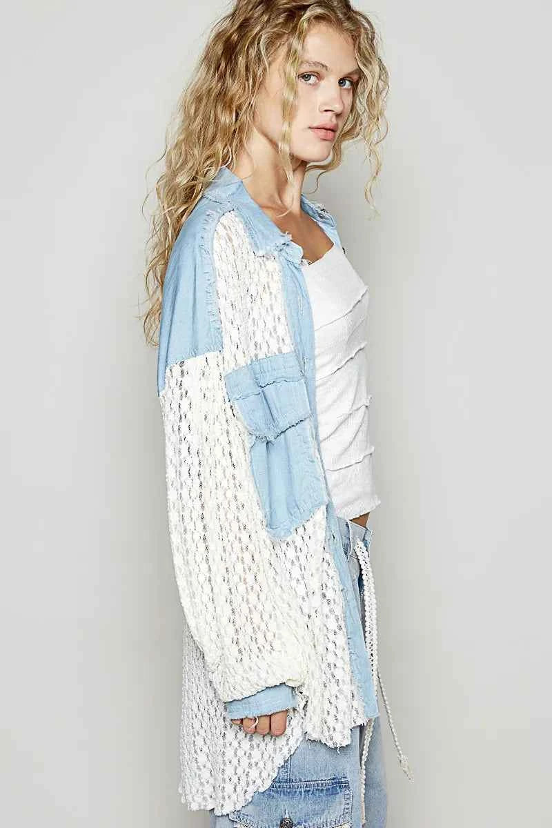 POL High-Low Denim Patchwork Lace Shirt 5d68f202-dd56-4eae-9881-520418326861-Max-Origin