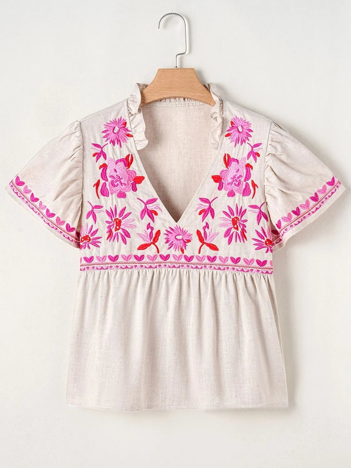 Floral Embroidered Short Sleeve Notched Blouse 5d6bce48-3b6f-4bb7-bc2e-3c6a0f5ca790-Max-Origin