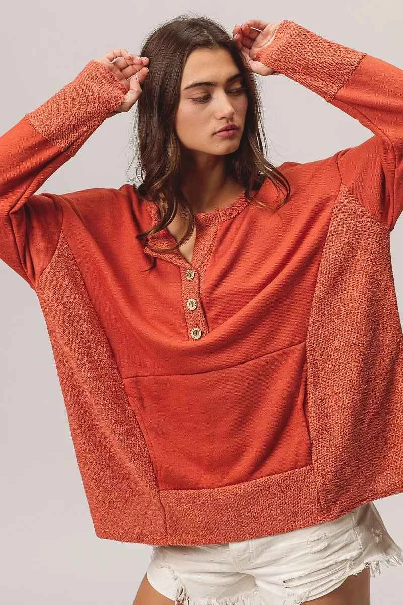 BiBi French Terry Knit Side Block Buttoned Henley Top 5d773dd41ab74688a565d16e18bd400a-Max-Origin