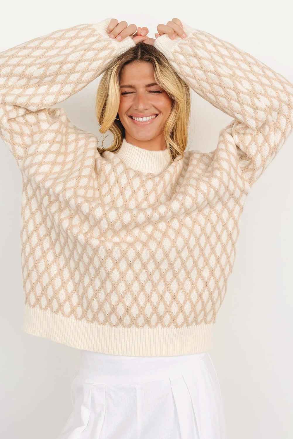 Oatmeal Rhombus Textured Knit Drop Sleeve Sweater 5d870874b7421cc3