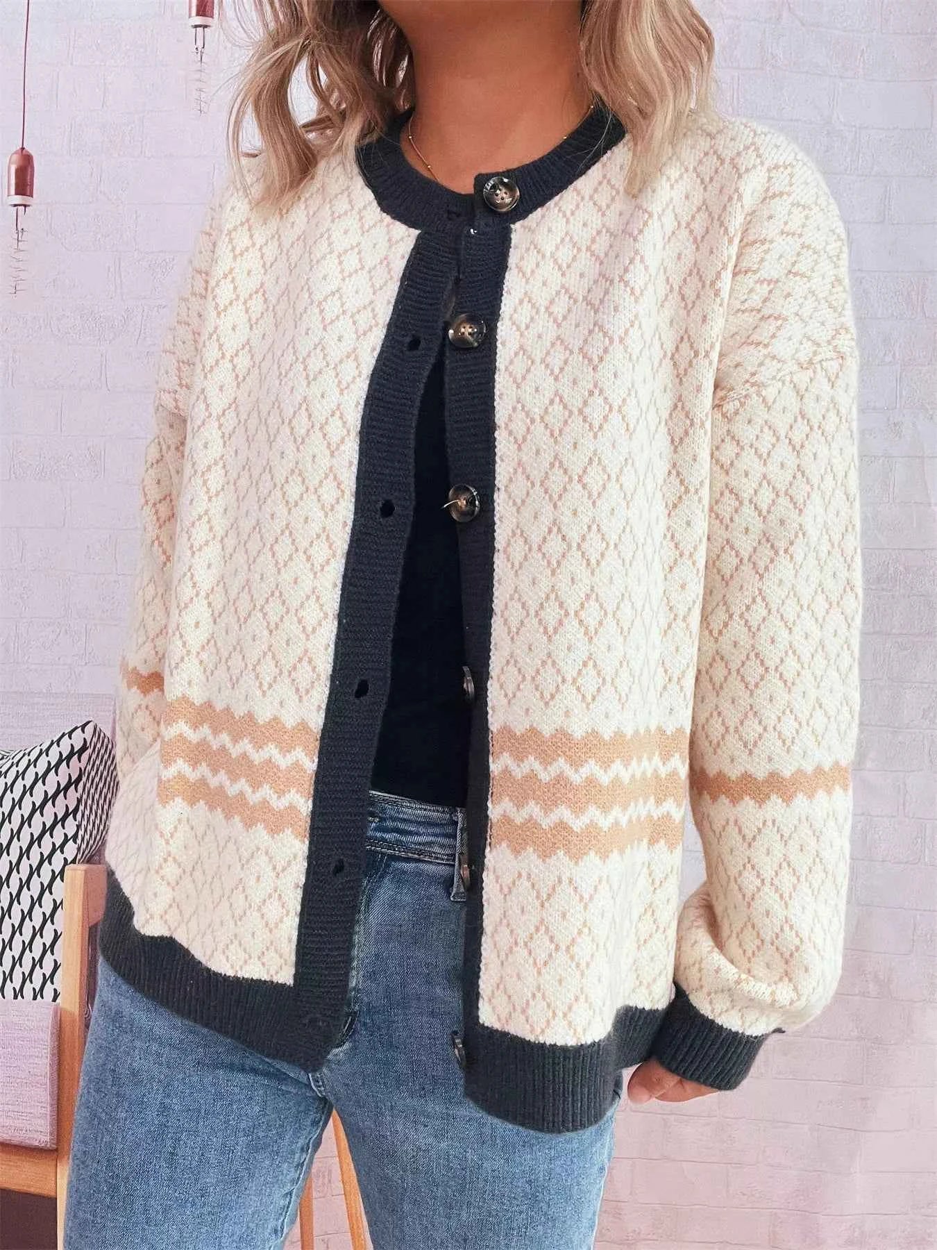 Geometric Pattern Button Up Cardigan Pink One Size 5d8cf5dba1d6454f9e8e6474d1ba9201-Max-Origin