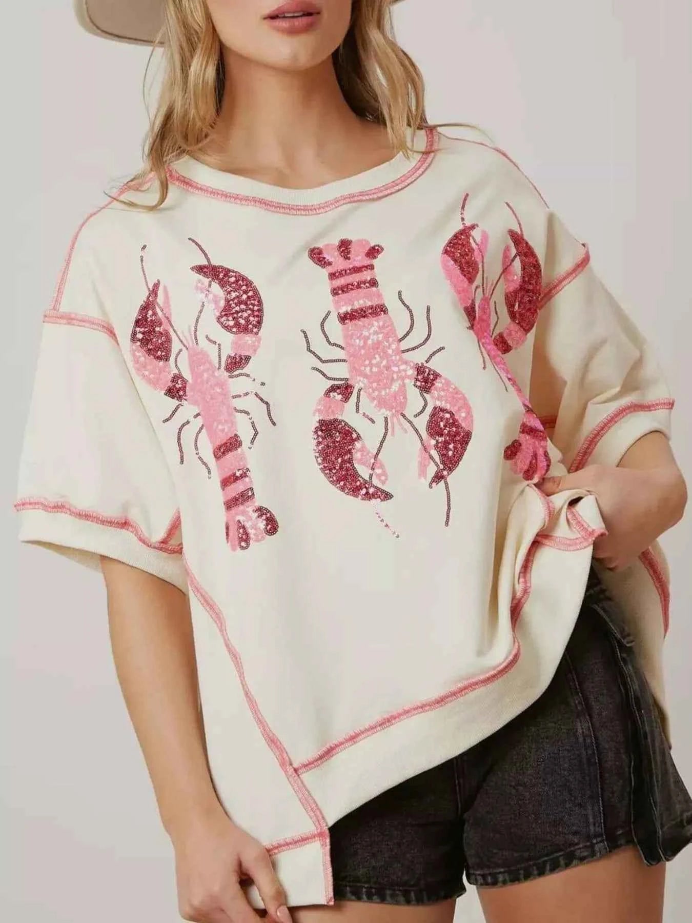 Sequin Lobster Half Sleeve T-Shirt Ivory White 5d94df6b-f93d-45c7-aa9e-0904c5da07d2-Max-Origin