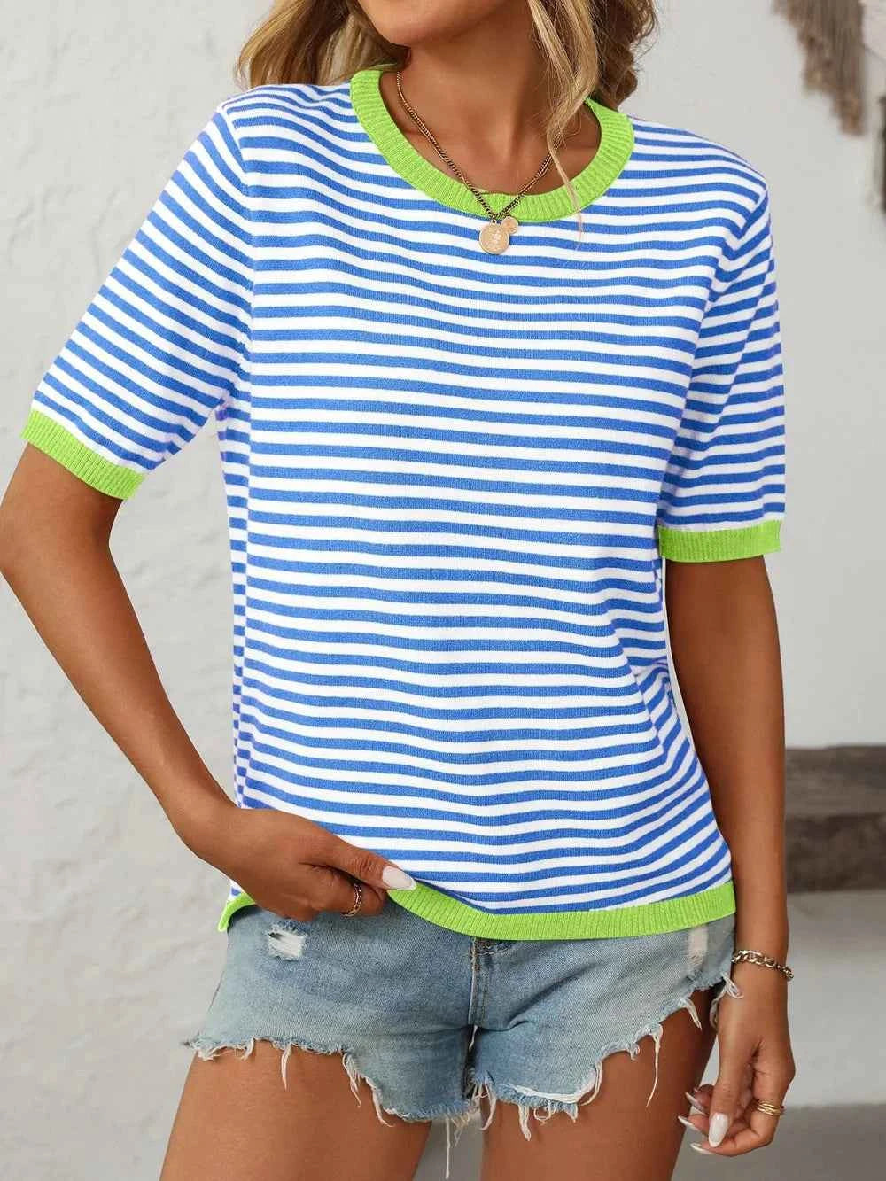 Mandy Striped Round Neck Half Sleeve Knit Top Light Blue 5d9e9b6e-f1cc-41fe-831b-a984350fafdb-Max