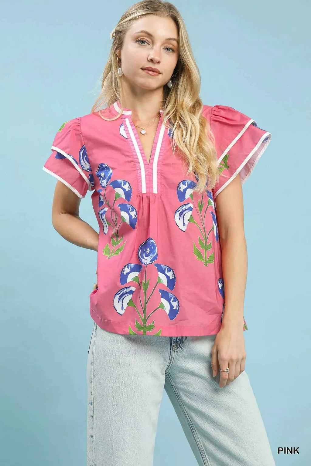 Umgee Blossom Meadow Print Blouse with Contrast Trim PINK 5da4e30e-533b-44cf-be85-4fb721255373-Max-Origin