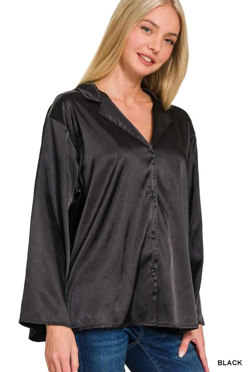 Zenana Satin Button Down Shirt BLACK 5da86106a6b2495d8134225a5c2dfb68-Max-Origin