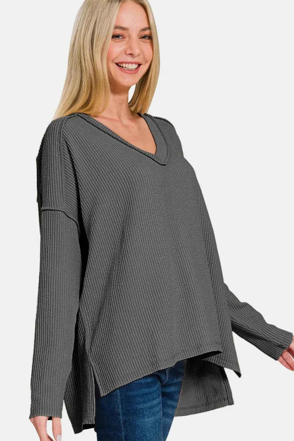 Zenana Texture Exposed Seam V-Neck Long Sleeve T-Shirt 5daf3e74-5d7f-4880-b176-f71bcdfe3927-Max