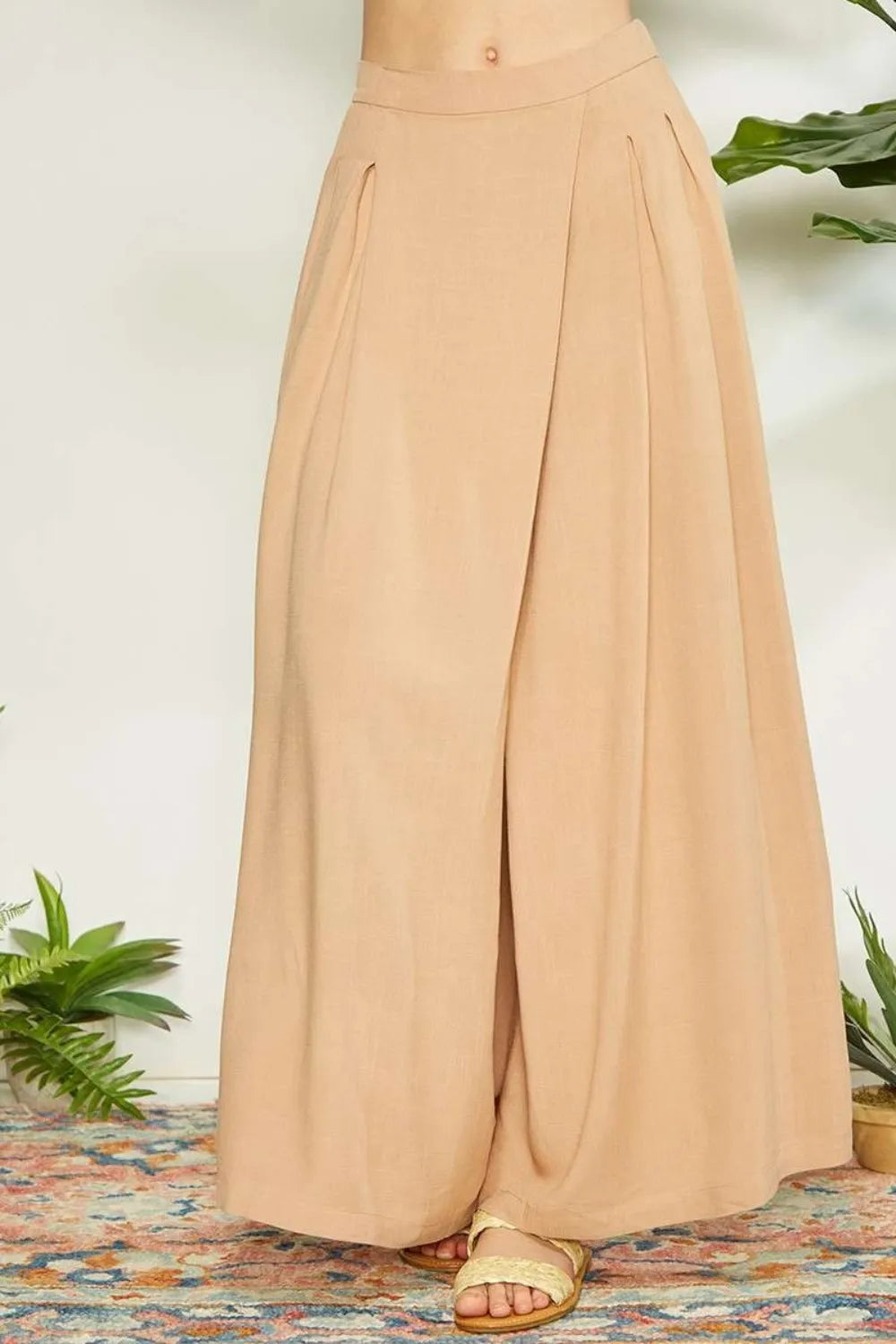 Mittoshop Wrap Pleating Detail Wide Leg Pants Sand 5db1b210-7dc3-43a5-a4a5-0c36e4d7eddf-Max