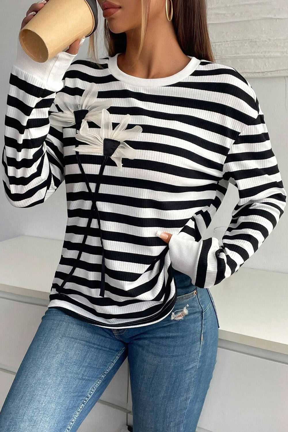Black White Ribbed Striped Floral Applique Long Sleeve Top 5dba9b9d3047e4af