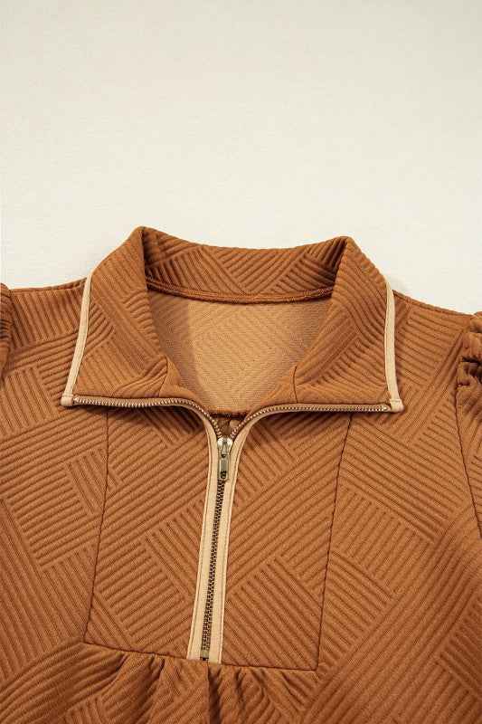 Textured Quarter Zip Collar 3/4 Sleeve Mini Dress 5dc98524-0e72-41bf-b193-86721fe9c57c