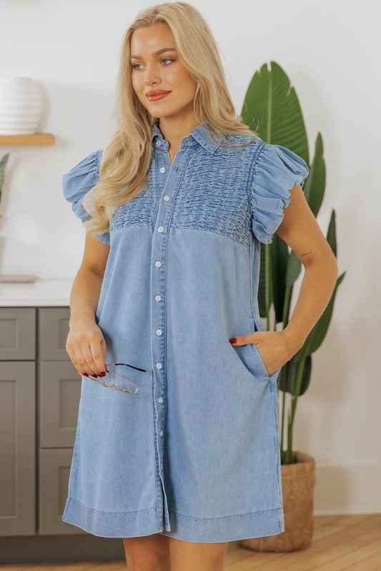 Vanessa Flutter Sleeve Button Up Denim Dress 5dd1e9a8-8beb-4a6d-98fa-b1fea8ac6de0
