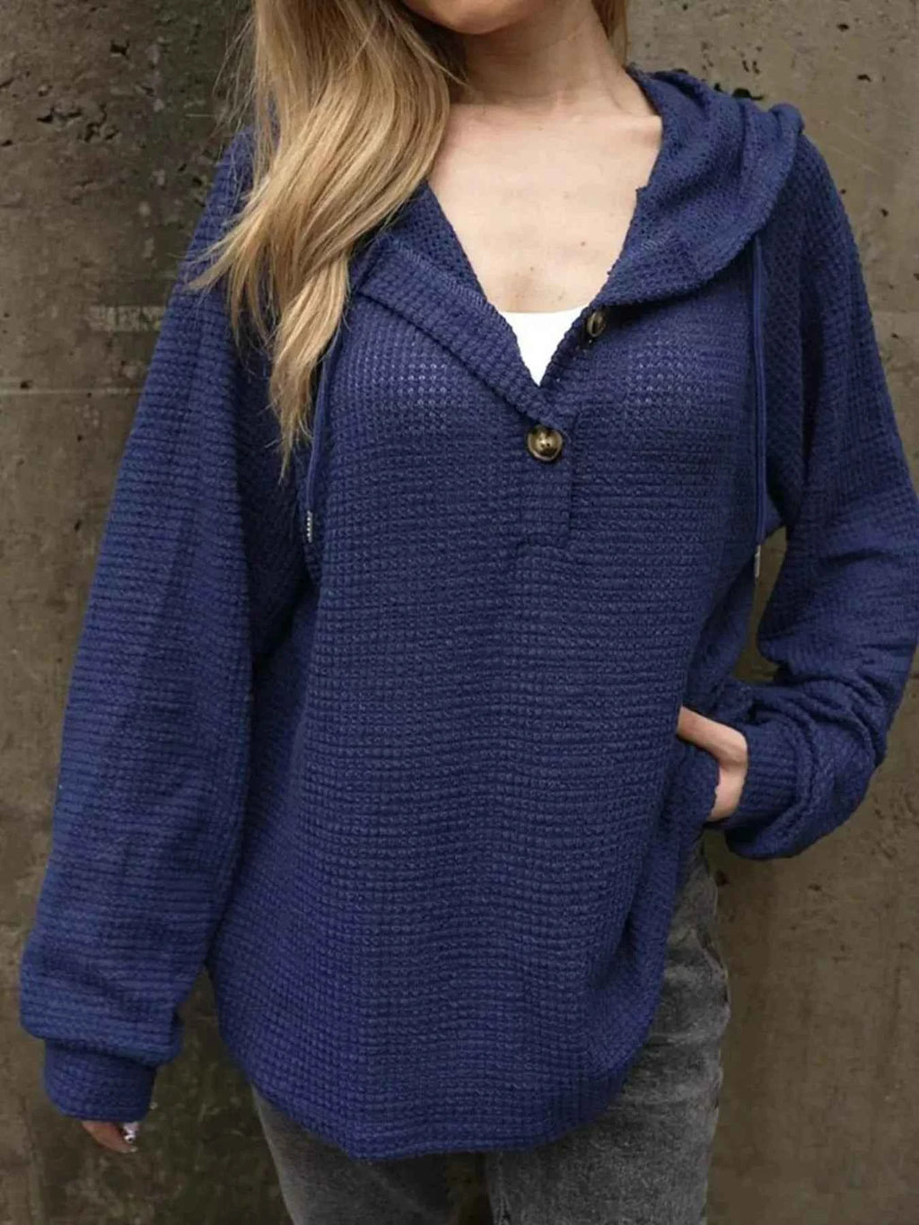 Waffle Knit Hoodie with Button Detail Dark Blue 5df0a176c5cf490ba9b64b43db85798a-Max-Origin